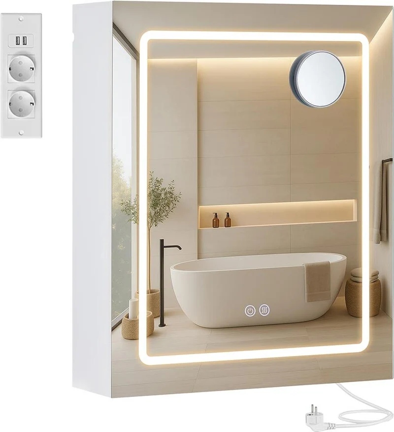 Armoire murale moderne salle de bain avec miroir fonction anti-buée 16,5 x 50 x 60 cm en panneau aggloméré blanc 12_0012496