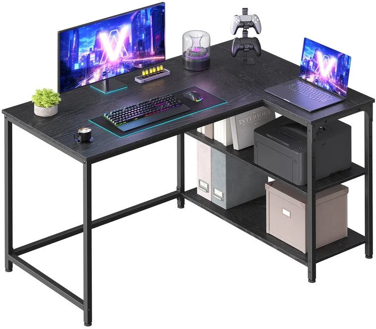 Bureau gaming en L avec rangement étagères ajustables 110 x 80 x 76 cm en panneau d’aggloméré noir boisé 12_0012232