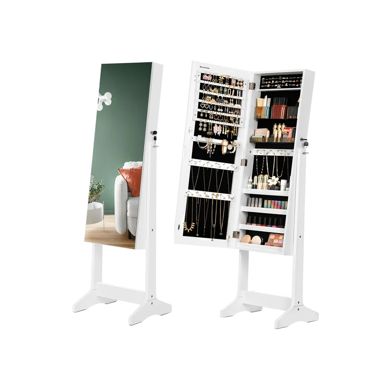 Armoire à bijoux sur pied avec miroir psyché 41,2 x 36,5 x 152 cm rangement sécurisé style moderne en MDF blanc 12_0009495