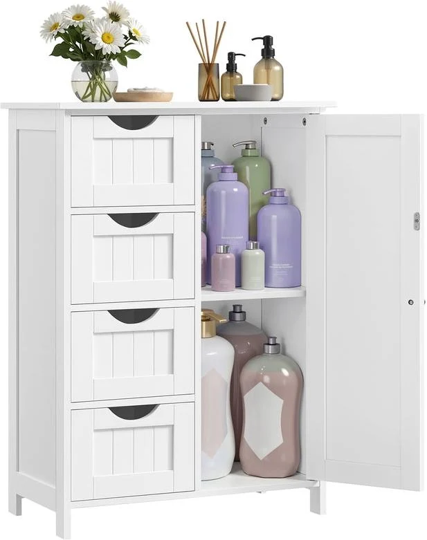 Meuble de rangement sur pied 35 x 65 x 90 cm avec 4 tiroirs et étagère réglable pour salle de bain contemporain en MDF blanc 12_0008979