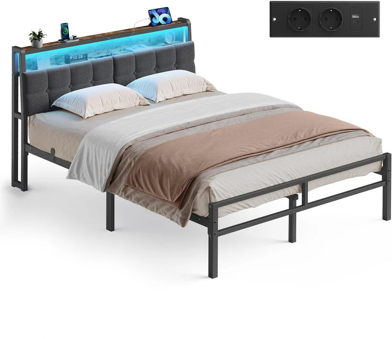 Cadre de lit 90 x 190 cm avec tête de lit éclairage LED intégrées style contemporain chambre en métal noir 12_0013178