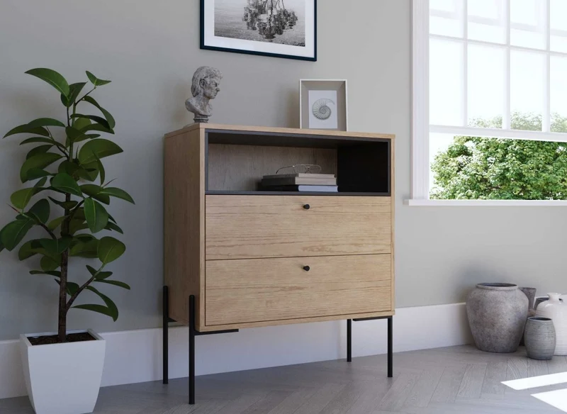 Commode 2 tiroirs en bois clair et métal noir SOHANE