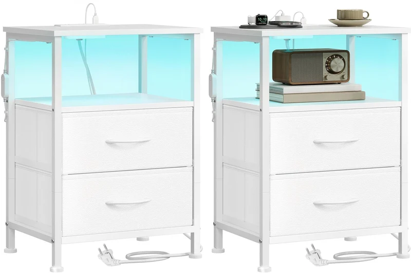 Table de chevet moderne avec éclairage LED 30 x 39,6 x 60,4 cm 1 étagère ouverte 2 tiroirs en aggloméré blanc 12_0012643