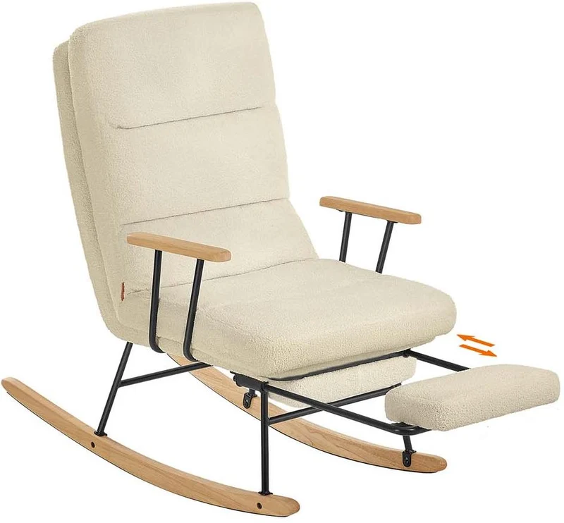 Fauteuil à bascule avec dossier réglable pour salon chambre 97 x 67 x 100 cm confort optimal finition douce en tissu peluche marron camel 12_0012534