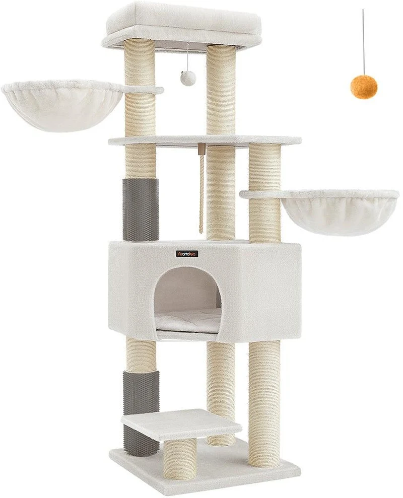Arbre à chat grand et stable avec niches et hamacs 50 x 50 x 160 cm pour plusieurs chats en tissu peluche gris tourterelle 12_0010469