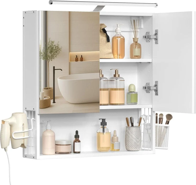 Armoire murale avec miroir et étagère réglable salle de bain 13 x 56 x 58 cm en acier blanc 12_0013172