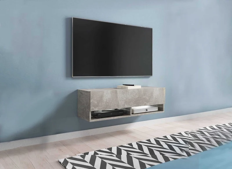 Meuble TV suspendu 1 porte 2 niches gris béton ROMANE - 100 cm