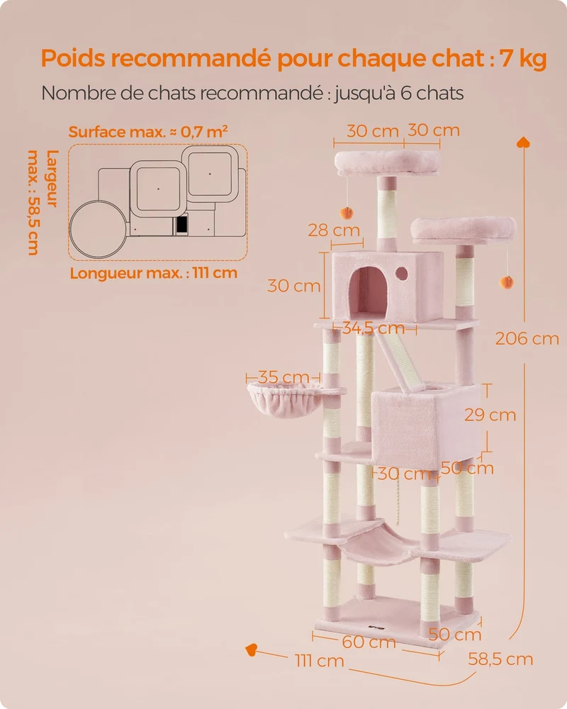 Arbre à chat structure tour de jeu 60 x 50 x 206 cm avec sisal et tissu peluche ambiance cosy en gris clair 12_0010949