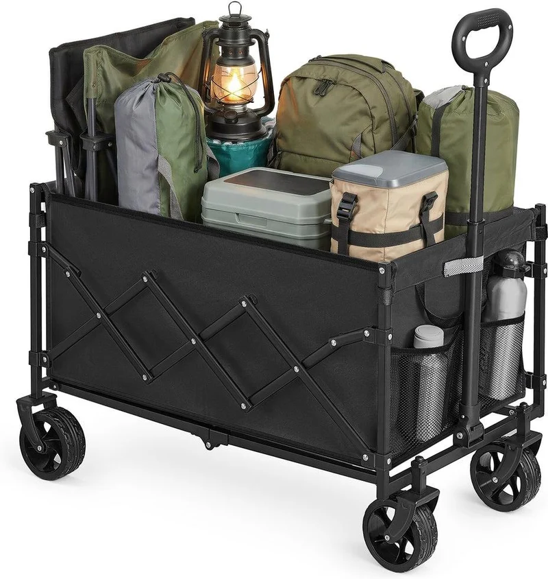 Chariot de transport pliable extérieur 49,5 x 79,5 x 90,5 cm charge 150 kg usage jardin style pratique en acier noir 12_0013053