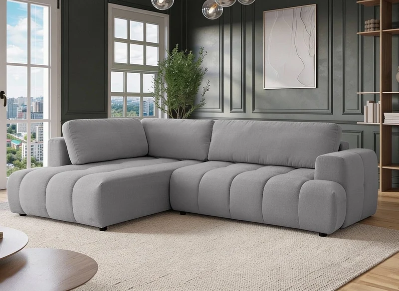 Canapé d'angle convertible avec coffre en tissu gris HAVEN - Angle gauche