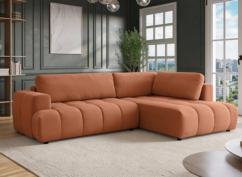 Canapé d'angle convertible avec coffre en tissu terracotta HAVEN - Angle droit