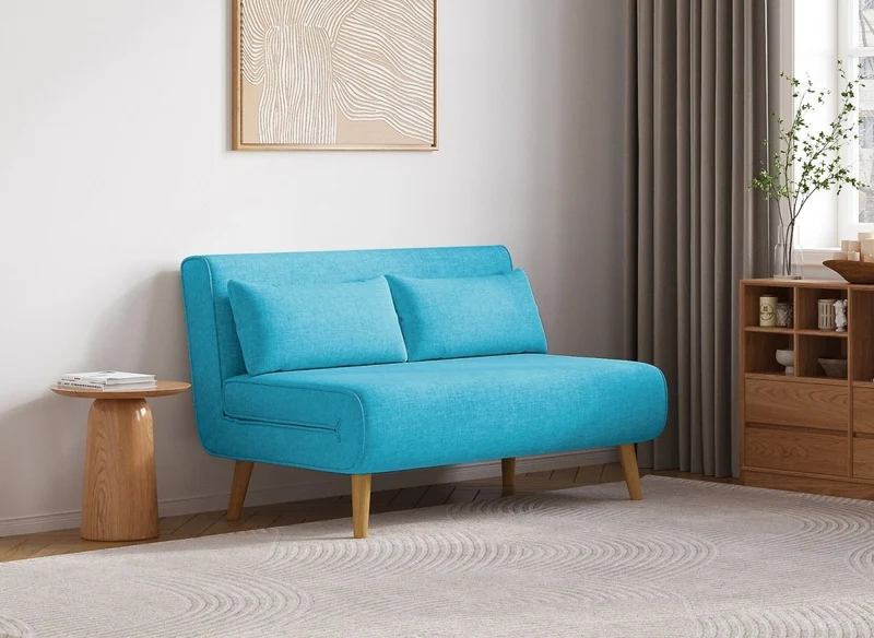 Canapé clic clac 2 places en tissu bleu turquoise TONKA