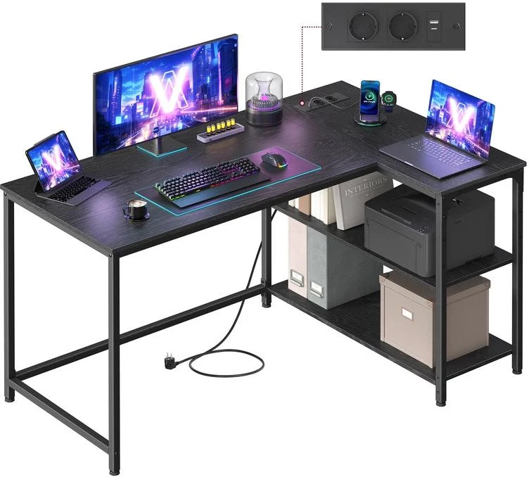 Bureau gaming en L avec rangement et étagères réversibles ajustables 120 x 80 x 76 cm en panneau d'aggloméré noir boisé 12_0012854