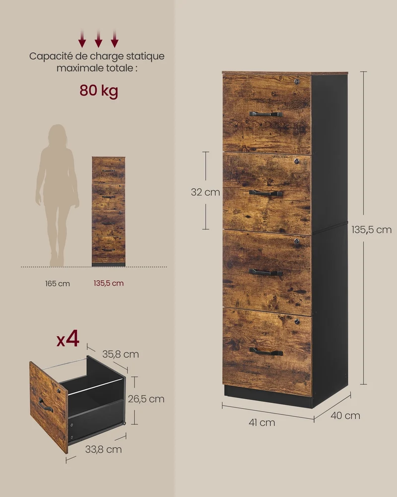 Meuble de bureau de rangement avec 4 tiroirs verrouillables tringles réglables 40 x 41 x 135,5 cm en MDF marron rustique 12_0012815