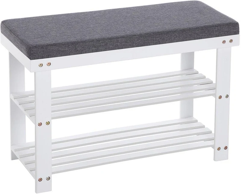Banc à chaussures organisé entrée salon 71 x 29 x 49 cm stable charge 150 kg en bambou blanc 12_0011334