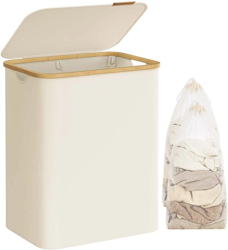 Panier à linge pliable design moderne gain de place 52 x 38,5 x 70,5 cm en tissu oxford blanc crème 12_0011203