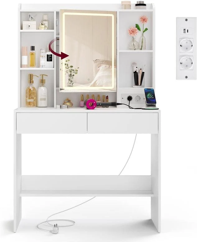 Coiffeuse moderne avec miroir réglable 40 x 90 x 145 cm style épuré 2 tiroirs rangement pratique en aggloméré blanc 12_0010772