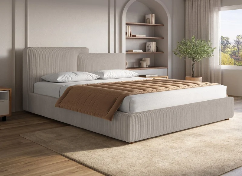 Lit coffre en velours côtelé taupe 180x200 cm ZELIA
