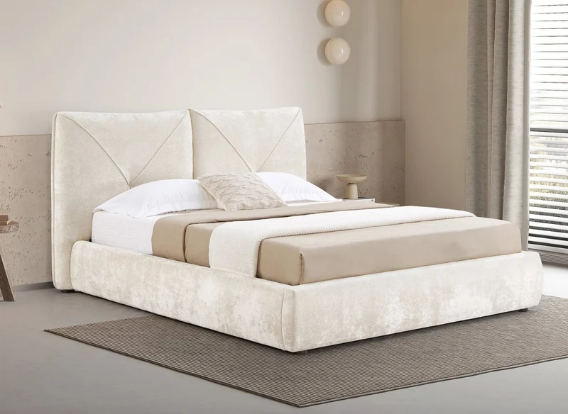 Lit coffre en tissu bouclette doux beige 160x200 cm NOAH