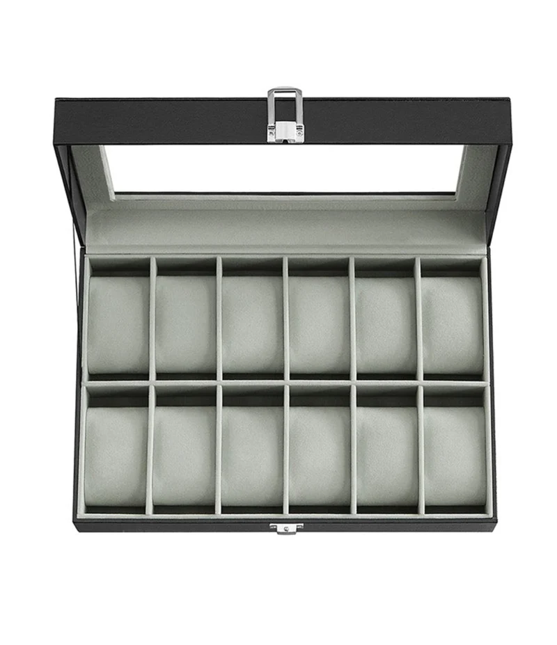 Boîte à montres avec 12 compartiments coffre verrouillable 32 x 18,6 x 8,5 cm protection optimale en cuir synthétique noir