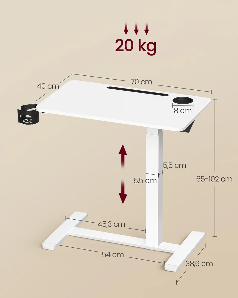 Bureau assis-debout mobile réglable en hauteur 70 x 40 cm avec 2 porte-gobelets et fente tablette en acier blanc 12_0012922