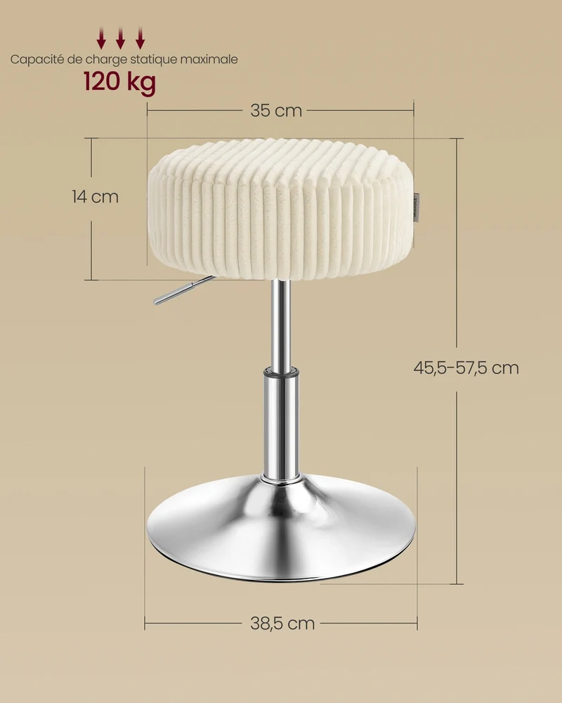 Tabouret de maquillage réglable en hauteur 38,5 x 45,5 x 57,5 cm assise ergonomique style moderne en velours crème 12_0012702
