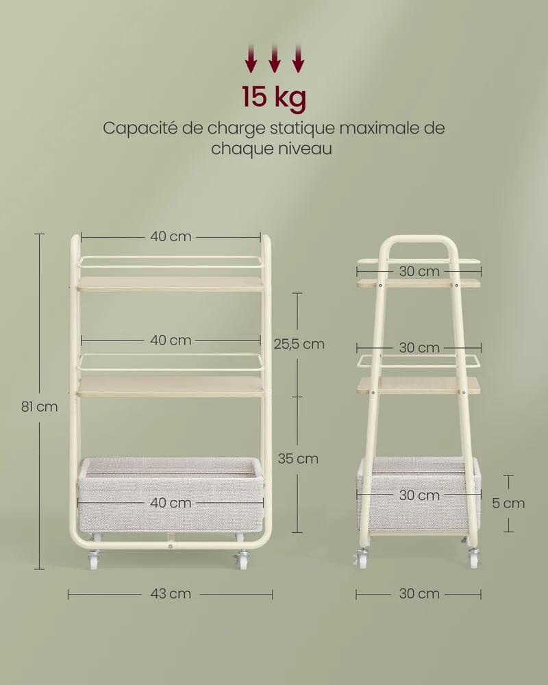 Chariot de rangement à roulettes 43 x 30 x 81 cm 3 niveaux design épuré pour salon chambre cuisine en aggloméré beige 12_0012517