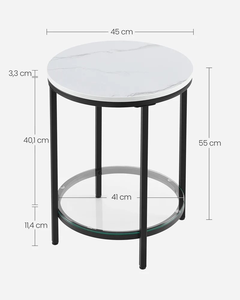 Table d'appoint ronde moderne 45 x 55 cm fonctionnelle 2 niveaux style épuré en panneau d'aggloméré blanc marbré 12_0010624