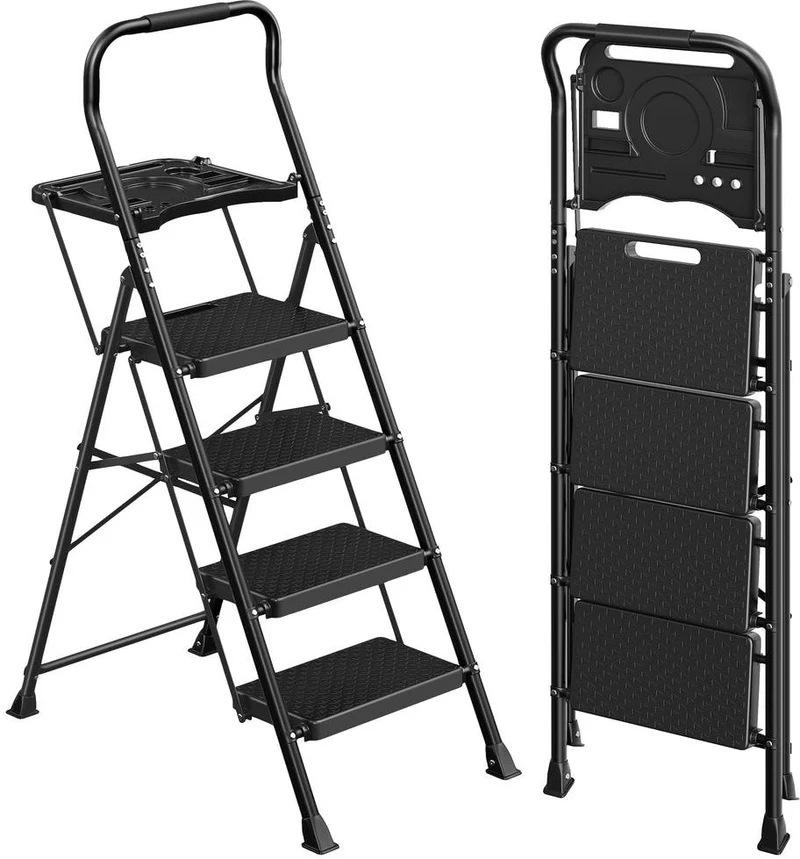 Escabeau pliant 3 marches usage maison bureau jardin 84 x 45,5 x 145,2 cm en acier noir 12_0013093