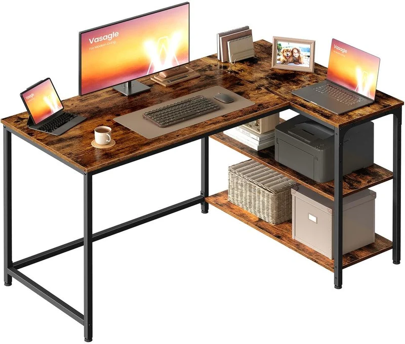 Bureau gaming en L avec rangement étagères réglables 120 x 80 x 76 cm style contemporain en aggloméré marron 12_0012914