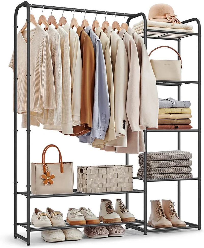 Portant à vêtements avec tringle et étagères 29 x 112 x 158,4 cm capacité 73 kg style moderne en acier noir mat 12_0012368