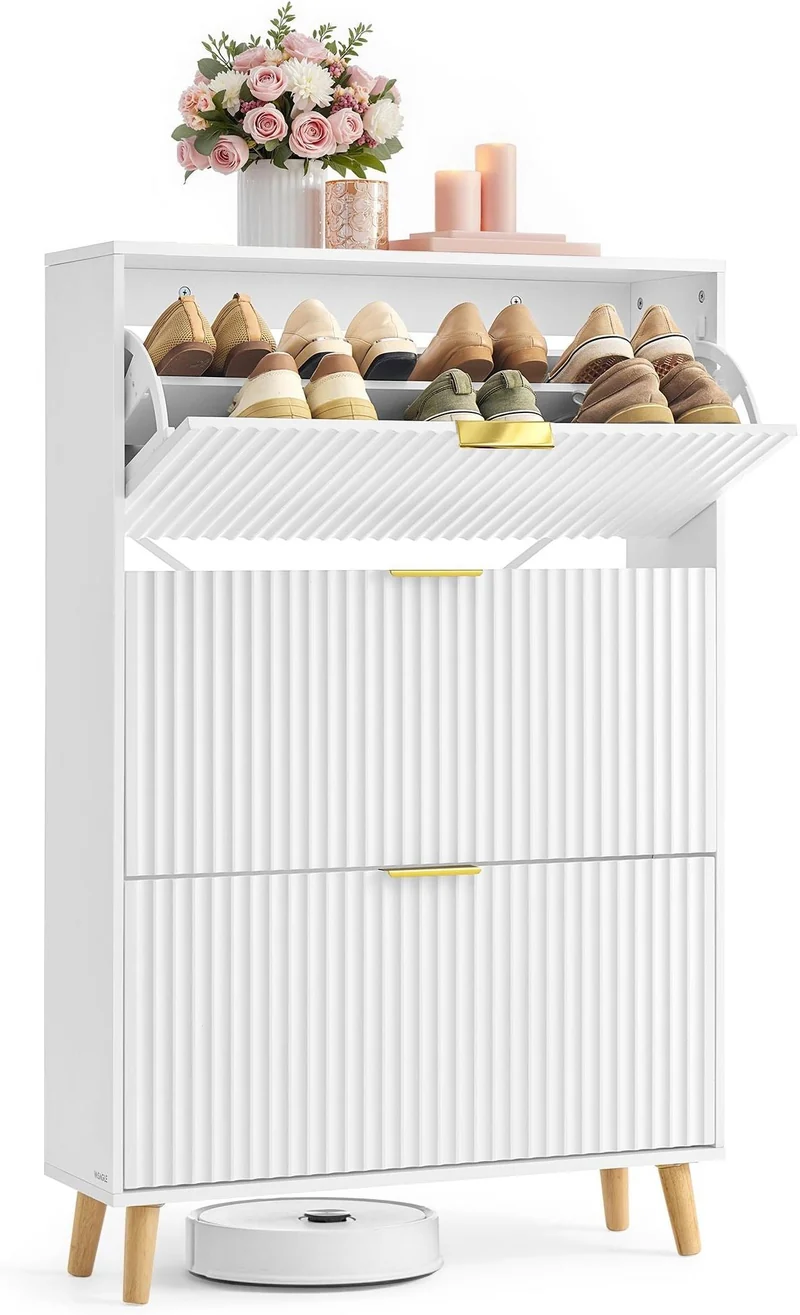 Meuble à chaussures moderne pour entrée étroite 24 x 80 x 123 cm finition épurée design contemporain en aggloméré blanc 12_0012214