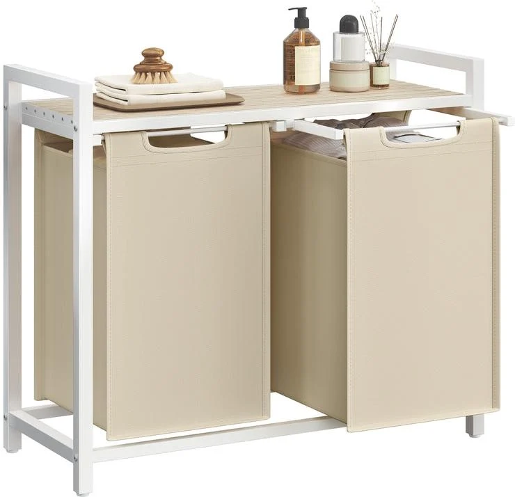 Panier à linge moderne avec étagère 73 x 33 x 72 cm rangement pratique salle de bain en MDF beige cappuccino 12_0010195