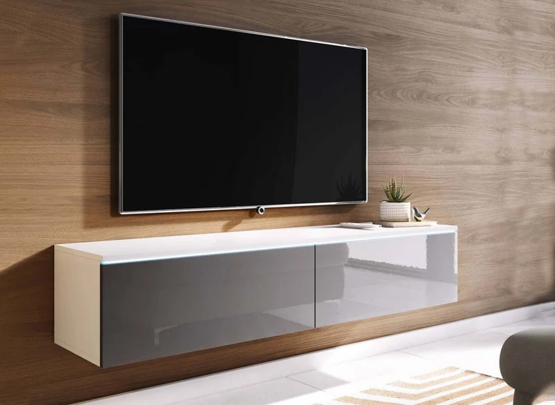Meuble TV contemporain laqué gris et blanc avec LED 2 portes MALORIE - 180 cm
