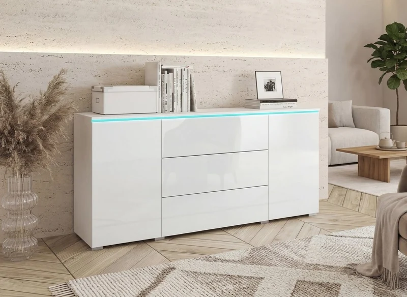 Buffet commode 2 portes 3 tiroirs blanc avec LED - ALEXIA