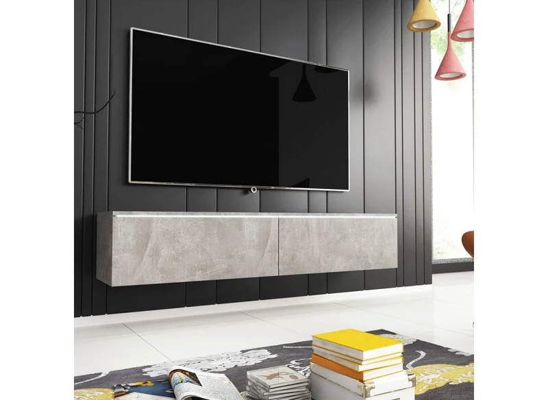Meuble TV contemporain gris béton avec LED 2 portes MALORIE - 180 cm
