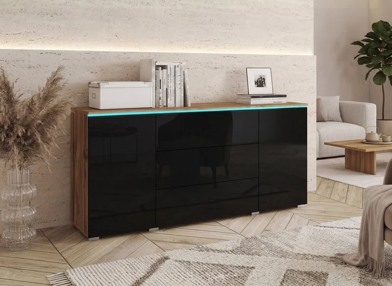 Buffet commode 2 portes 3 tiroirs chêne et noir avec LED - ALEXIA