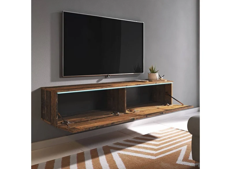Meuble TV contemporain chêne vieilli foncé avec LED 2 portes MALORIE - 180 cm