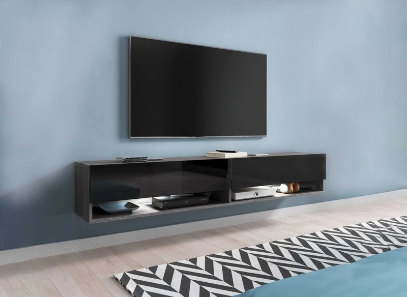 Meuble TV suspendu 2 portes 2 niches gris foncé et noir ROMANE XXL - 180 cm