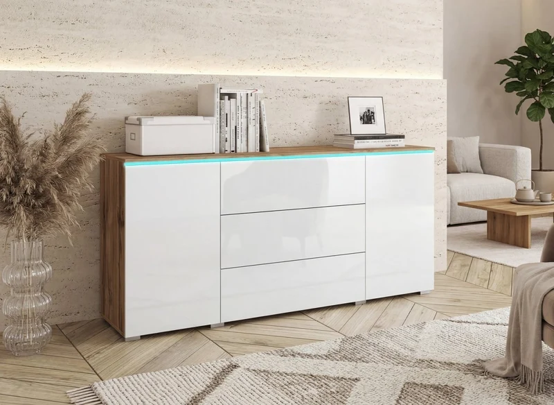 Buffet commode 2 portes 3 tiroirs chêne et blanc avec LED - ALEXIA
