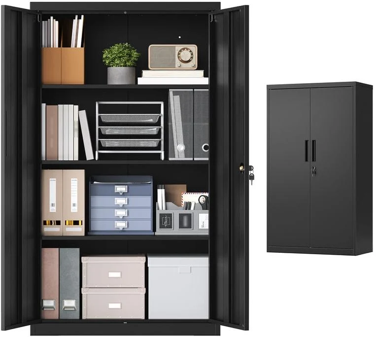 Caisson de bureau verrouillable avec 2 portes et 3 étagères réglables 80 x 40 x 140 cm en acier noir mat 12_0012666