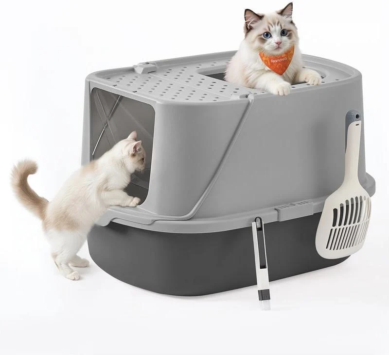 Bac à litière pour chat taille XXL avec couvercle basculant 57 x 43,6 x 38,2 cm usage facile en plastique gris ardoise 12_0012609