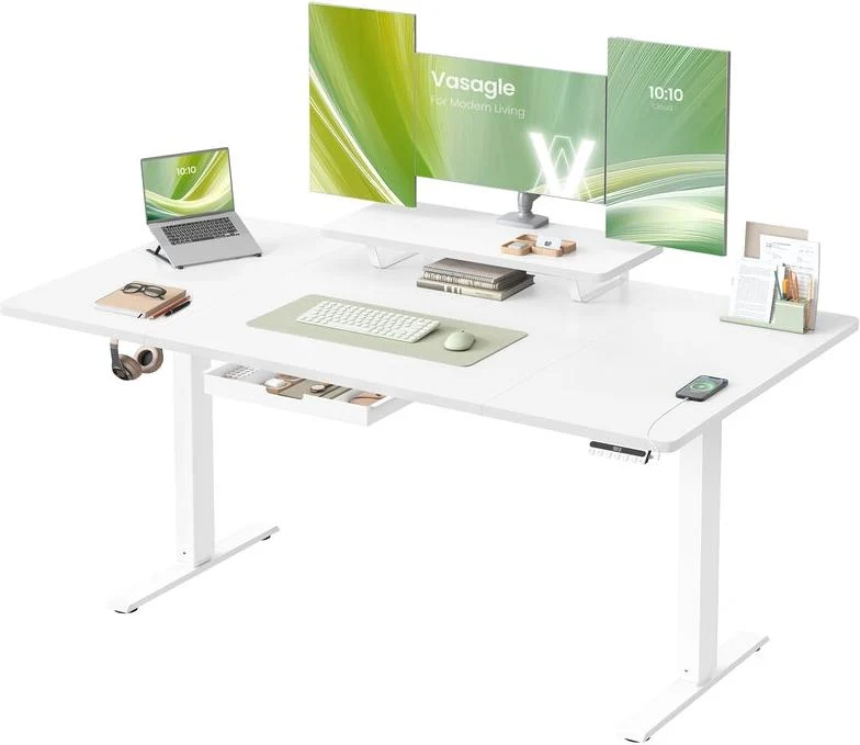 Bureau électrique réglable en hauteur 160 x 80 cm avec tiroir ergonomique pour télétravail ambiance moderne en panneau aggloméré blanc 12_0012424