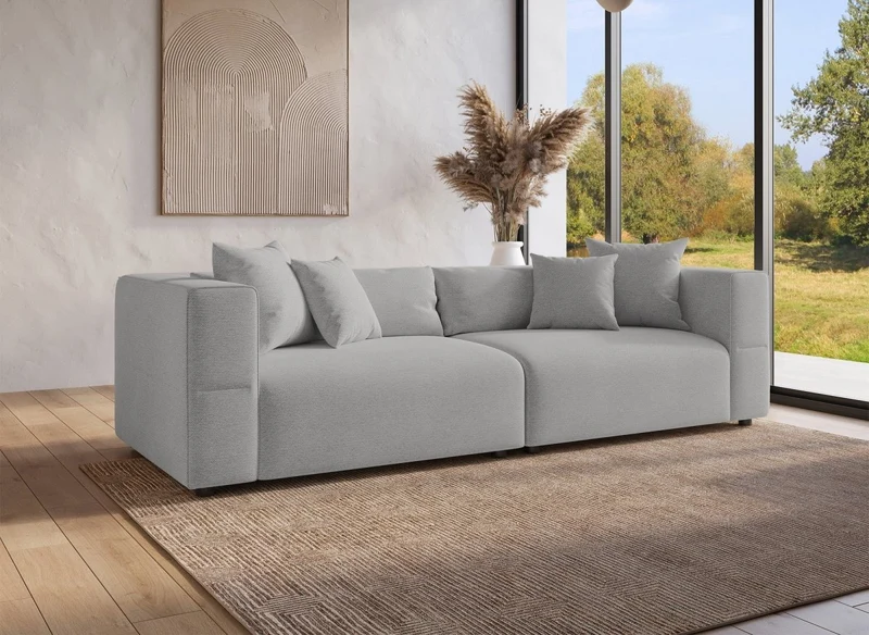 Canapé fixe 4 places en tissu gris EVELYNE
