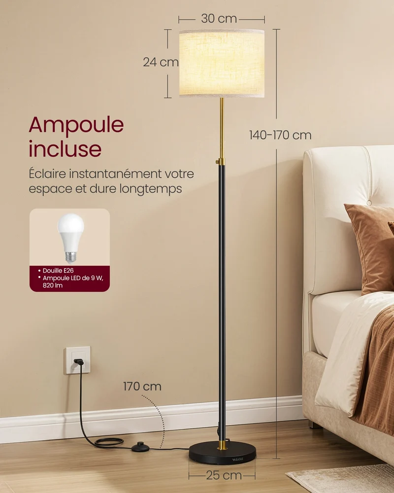 Lampadaire haut réglable moderne 30 x 30 x 140-170 cm avec interrupteur à pied ambiance cosy en acier noir 12_0013009