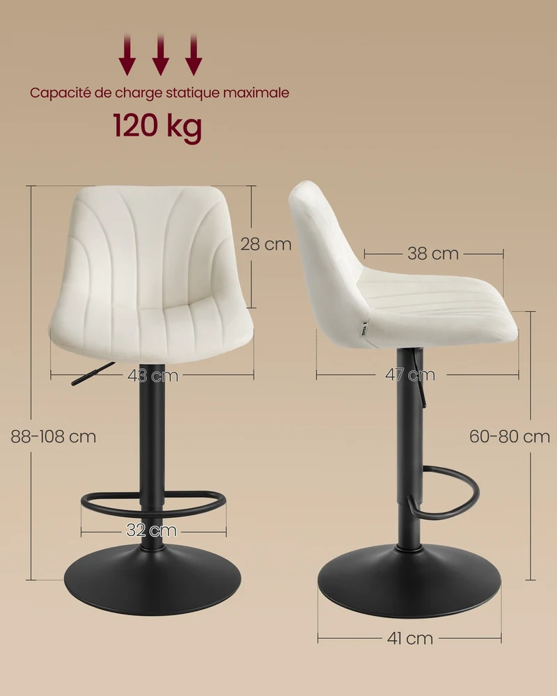 Lot de 2 tabourets de bar avec dossier réglable 46,5 x 43 x 88-108 cm assise ergonomique style contemporain en velours blanc crème 12_0012728