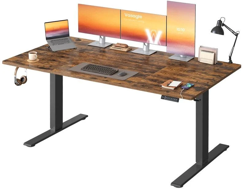 Bureau électrique réglable en hauteur 180 x 80 cm avec port USB et fonction mémoire pour télétravail en aggloméré marron 12_0012390