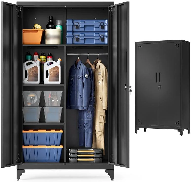 Armoire polyvalente de rangement avec 5 compartiments tringle penderie verrouillable 80 x 40 x 165 cm en acier noir 12_0012336