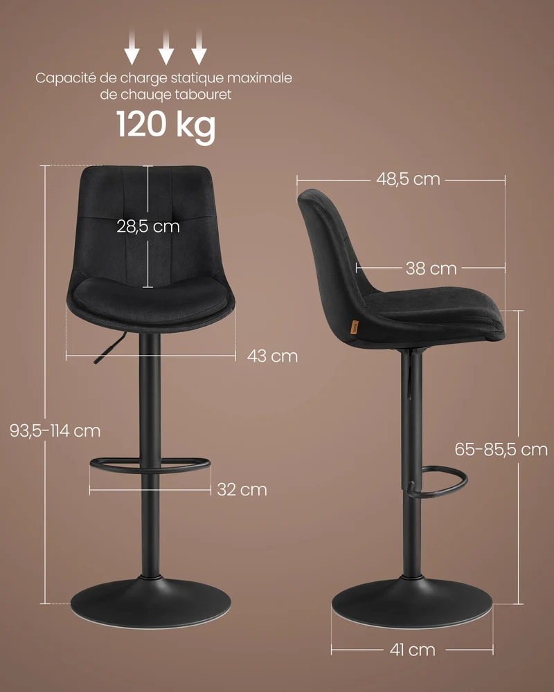 Lot de 2 tabourets de bar réglables hauteur 48,5 x 43 x 93,5 cm en acier noir d'encre 12_0011590