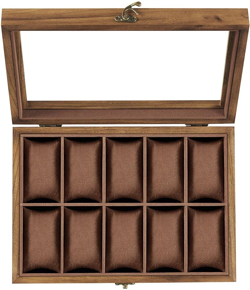 Boîte à montres 10 compartiments avec couvercle en verre élégante 20,5 x 29 x 8,5 cm en bois noisette 12_0011551